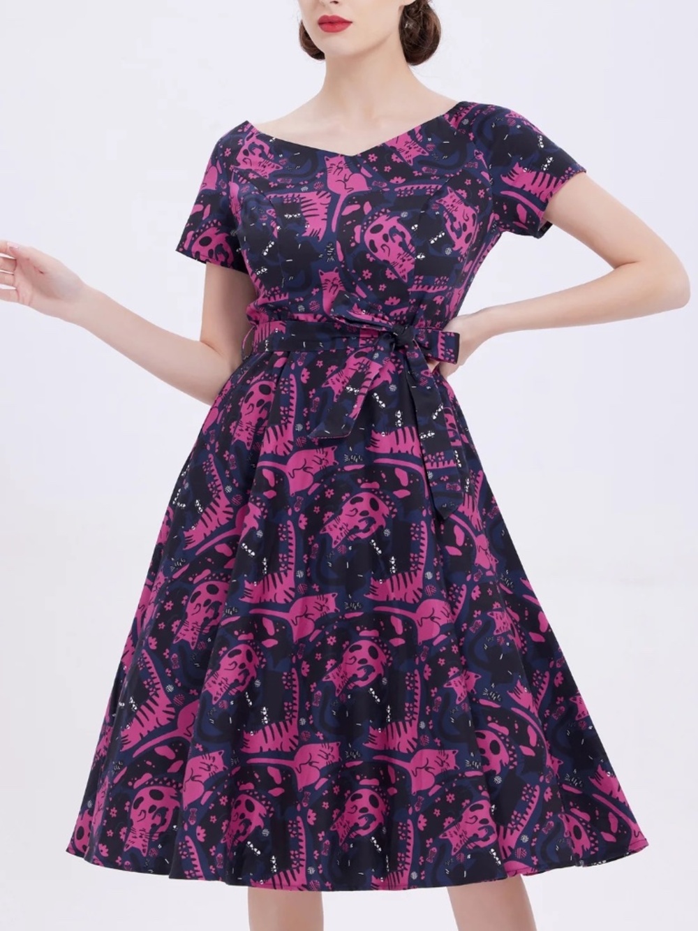 Miss Lulo Bella Dress Magenta Maze Kittens Cat Print Rockabilly Pinup